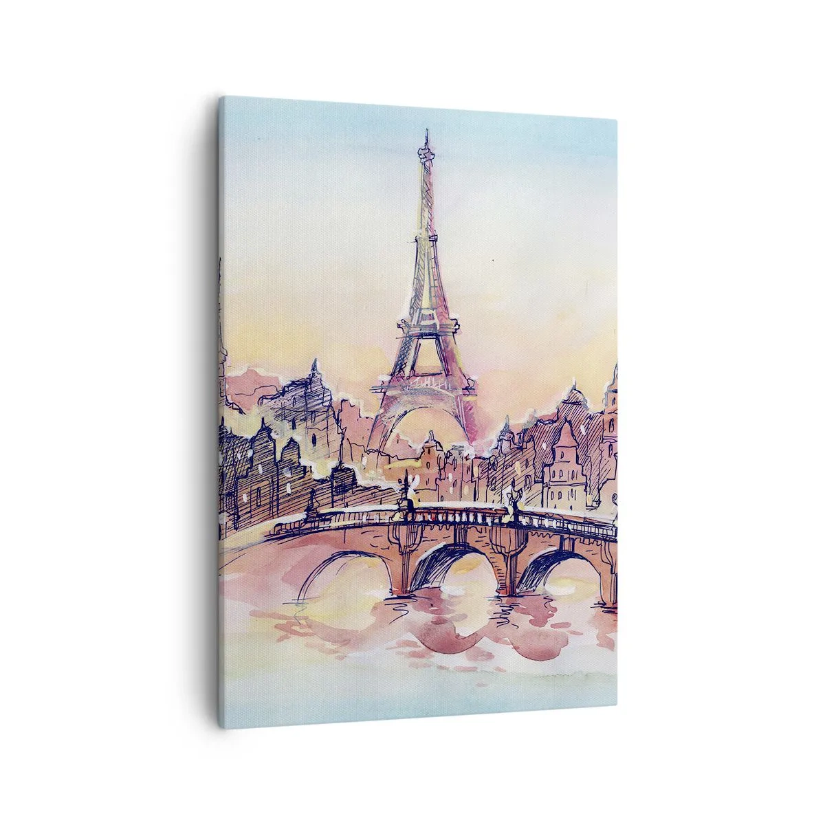 Cuadro sobre lienzo - Impresión de Imagen - Panorama de acuarela de París con la Torre Eiffel al atardecer - 50x70cm - Única en el mundo - Decoración de pared moderna para salón y dormitorio ARTTOR