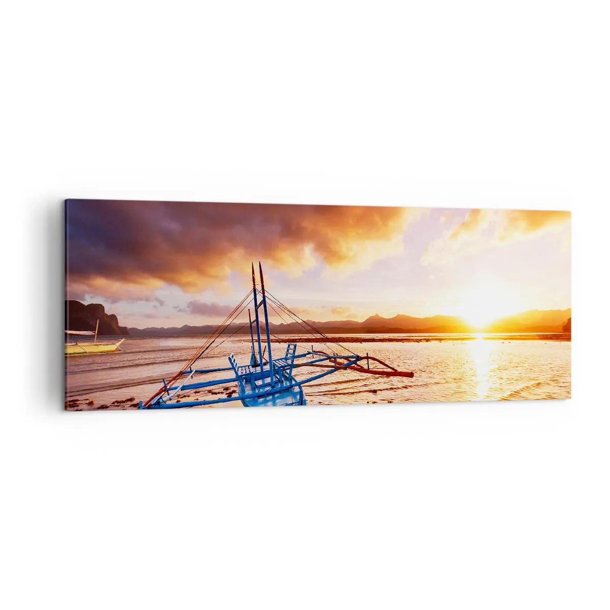 Cuadro sobre lienzo - Impresión de Imagen - Barco azul en la playa al atardecer - 140x50cm - Después de un largo día, relájate en la arena - Decoración de pared moderna para salón y dormitorio ARTTOR