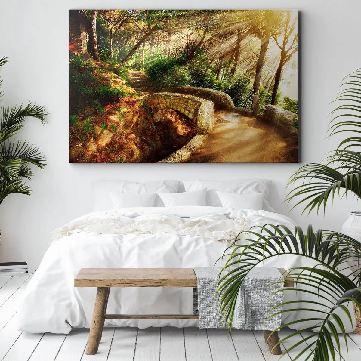 Cuadro sobre lienzo - Impresión de Imagen - Paisaje forestal con rayos de sol y un puente de piedra. - 100x70cm - Directamente desde el puente hacia el bosque de las hadas - Decoración de pared moderna para salón y dormitorio ARTTOR