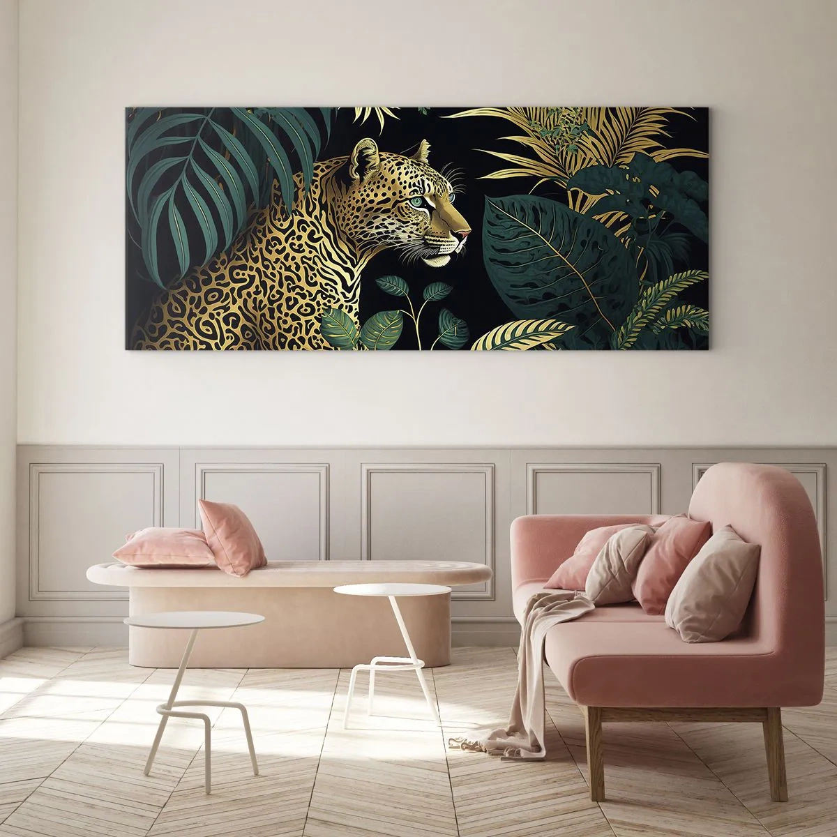 Cuadro sobre vidrio - Impresiones sobre Vidrio - Leopardo en hojas tropicales sobre un fondo negro - 140x50cm - El anfitrión en la jungla - Decoración de pared moderna para salón y dormitorio ARTTOR