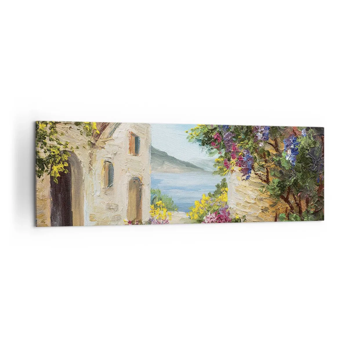 Cuadro sobre lienzo - Impresión de Imagen - Paisaje costero con edificios de piedra y flores. - 160x50cm - El encanto del paisaje costero - Decoración de pared moderna para salón y dormitorio ARTTOR
