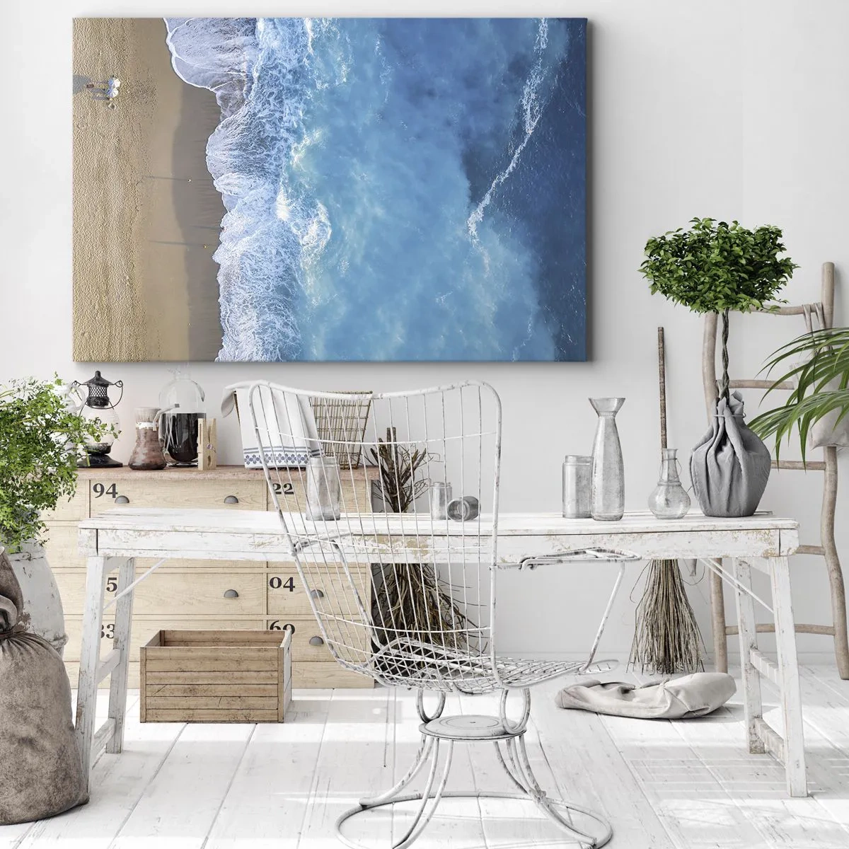 Cuadro sobre lienzo - Impresión de Imagen - Una vista de pájaro de la playa y las olas del mar. - 70x50cm - El poder del azul - Decoración de pared moderna para salón y dormitorio ARTTOR