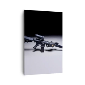 Cuadro sobre lienzo - Impresión de Imagen - Un rifle moderno en negro sobre un fondo oscuro. - 80x120cm - Un caballero oscuro - Decoración de pared moderna para salón y dormitorio ARTTOR