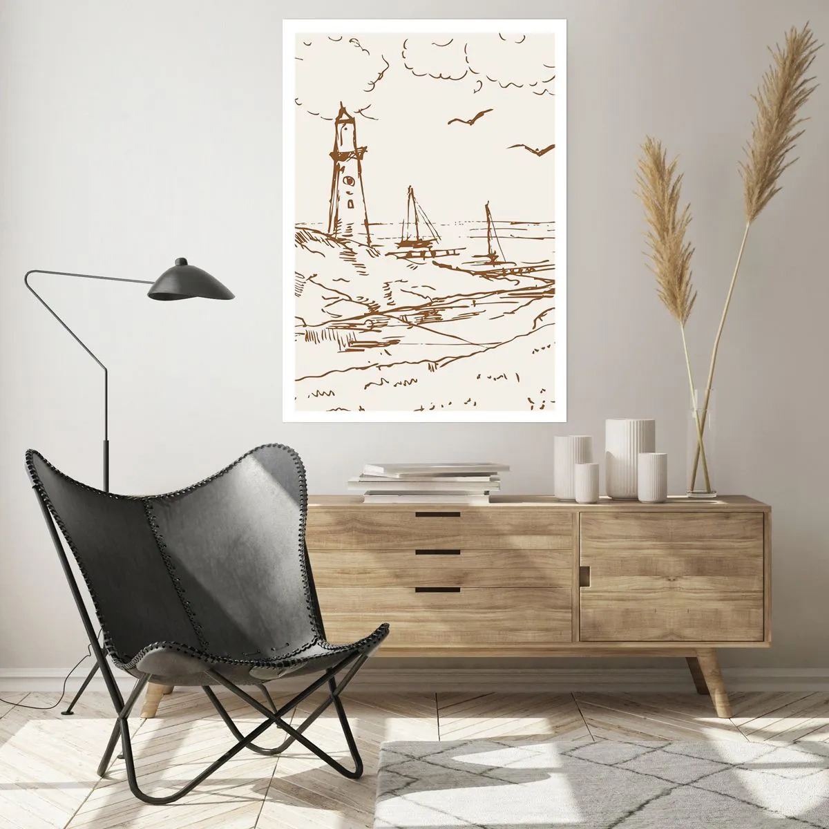Póster - Faro con barcos y pájaros - 50x70cm - Un esbozo de un recuerdo de verano - Decoración de pared moderna para salón y dormitorio ARTTOR