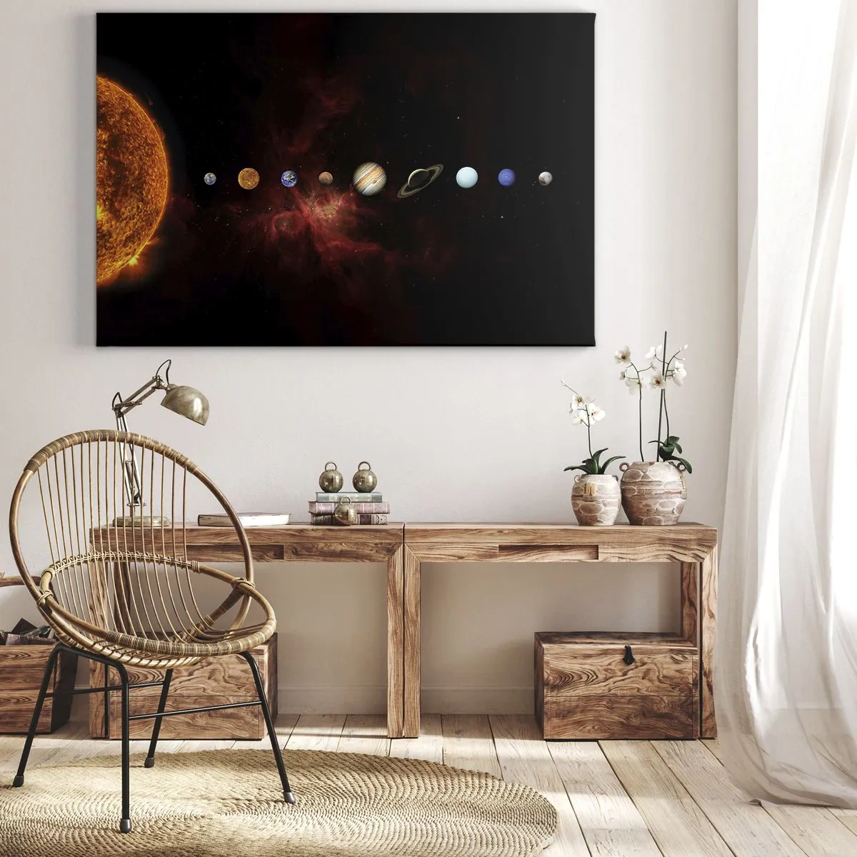 Cuadro sobre lienzo - Impresión de Imagen - El sistema solar con planetas sobre el fondo del espacio. - 70x50cm - Nuestro barrio - Decoración de pared moderna para salón y dormitorio ARTTOR