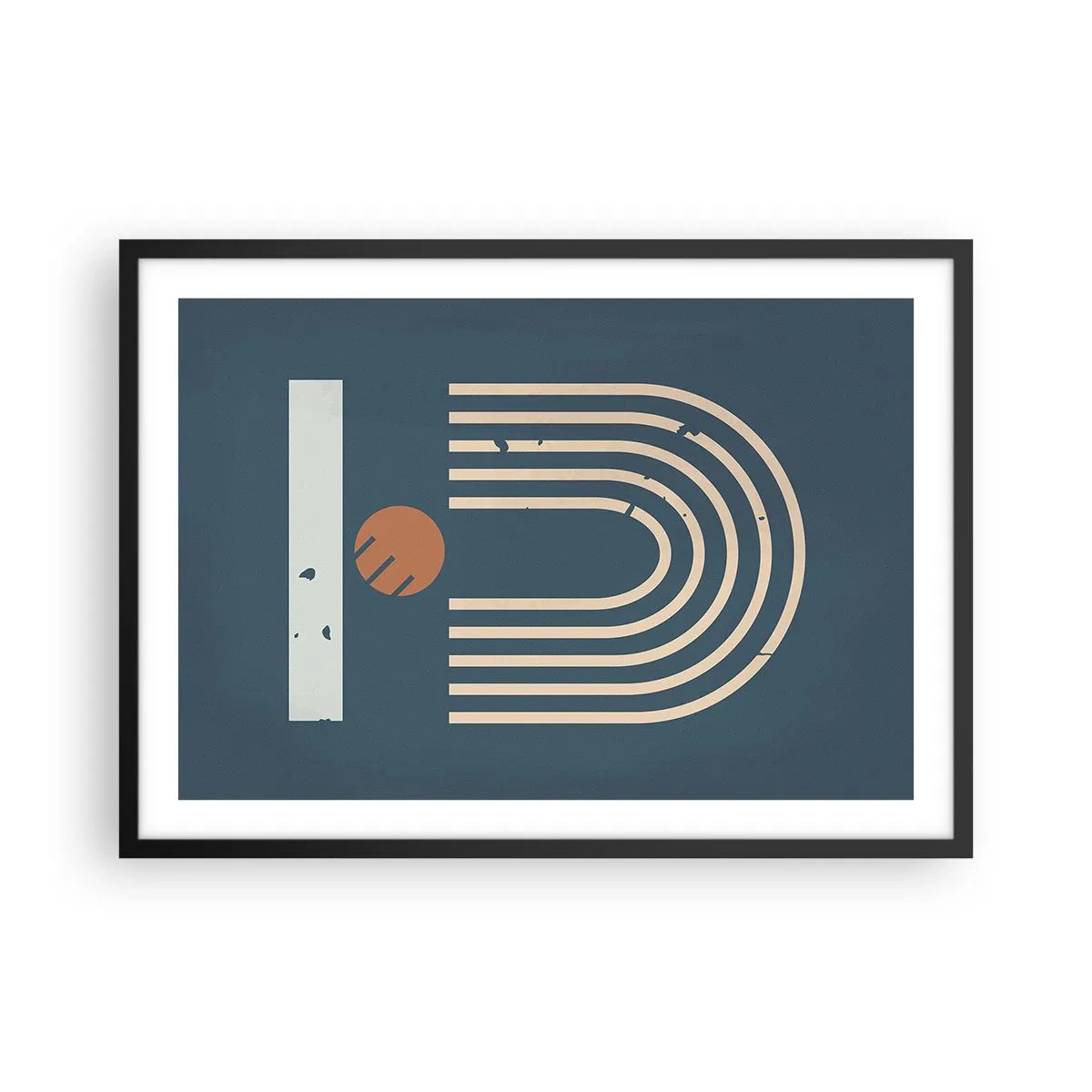 Póster en marco negro - Patrón geométrico en tonos azul marino, beige y naranja sobre un fondo oscuro. - 70x50cm - Geometría sobre azul marino - Decoración de pared moderna para salón y dormitorio ARTTOR