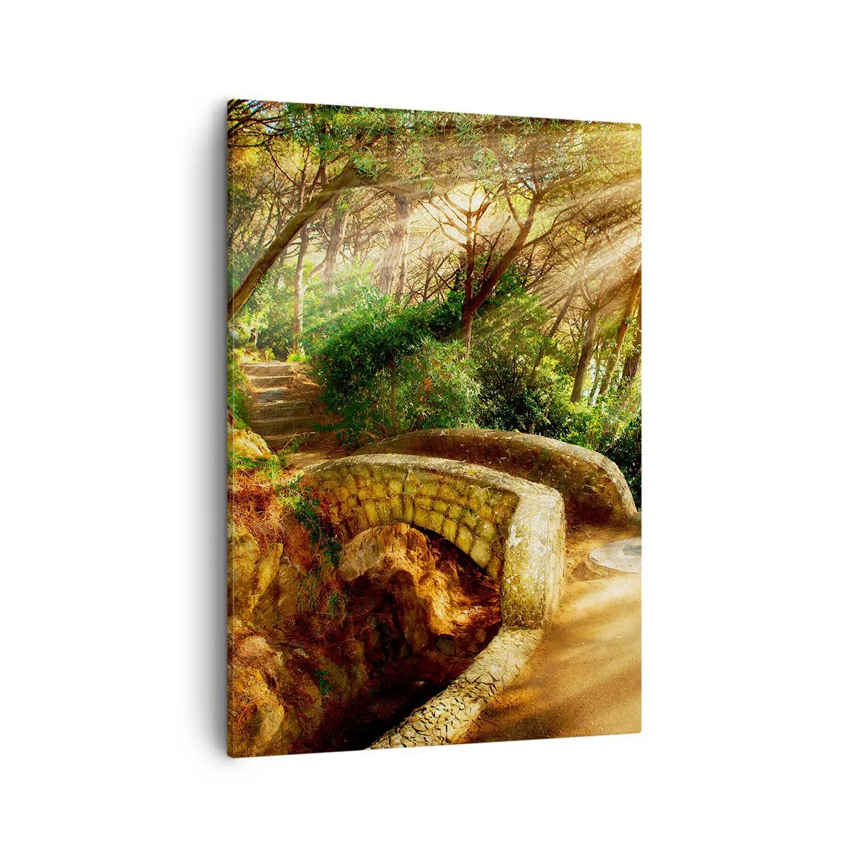 Cuadro sobre lienzo - Impresión de Imagen - Paisaje forestal con rayos de sol y un puente de piedra. - 50x70cm - Directamente desde el puente hacia el bosque de las hadas - Decoración de pared moderna para salón y dormitorio ARTTOR