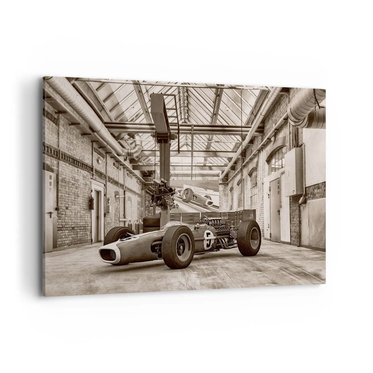 Cuadro sobre lienzo - Impresión de Imagen - Coche de carreras en blanco y negro en un interior industrial. - 120x80cm - El descanso del vencedor - Decoración de pared moderna para salón y dormitorio ARTTOR
