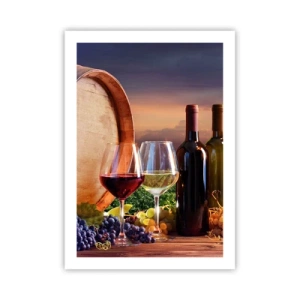 Póster - Botellas y copas de vino con el telón de fondo de un barril y la puesta de sol. - 50x70cm - Aquí la vida tiene un sabor - Decoración de pared moderna para salón y dormitorio ARTTOR
