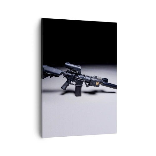 Cuadro sobre lienzo - Impresión de Imagen - Un rifle moderno en negro sobre un fondo oscuro. - 50x70cm - Un caballero oscuro - Decoración de pared moderna para salón y dormitorio ARTTOR