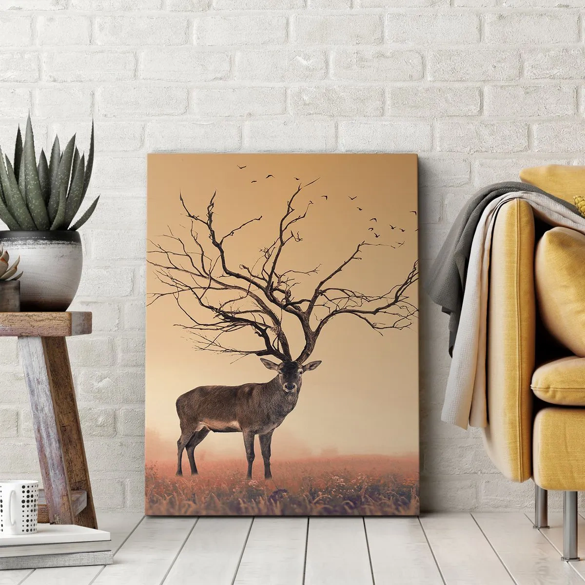 Cuadro sobre lienzo - Impresión de Imagen - Un elegante gráfico de ciervo con ramas en lugar de astas. - 50x70cm - El eterno espíritu del bosque - Decoración de pared moderna para salón y dormitorio ARTTOR