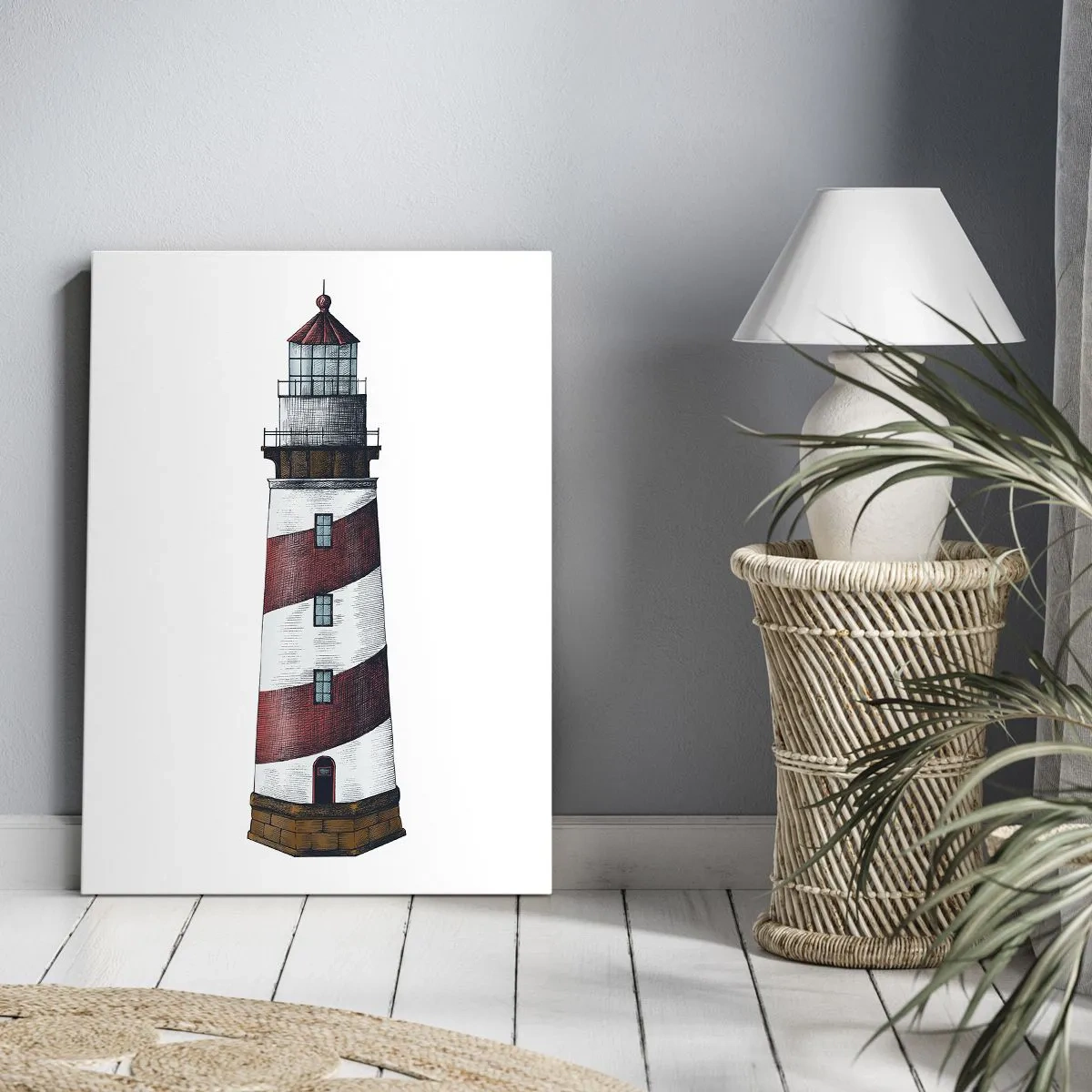 Cuadro sobre lienzo - Impresión de Imagen - Una imagen de dibujos animados de un faro con rayas rojas y blancas sobre un fondo minimalista. - 70x100cm - Siempre en guardia - Decoración de pared moderna para salón y dormitorio ARTTOR