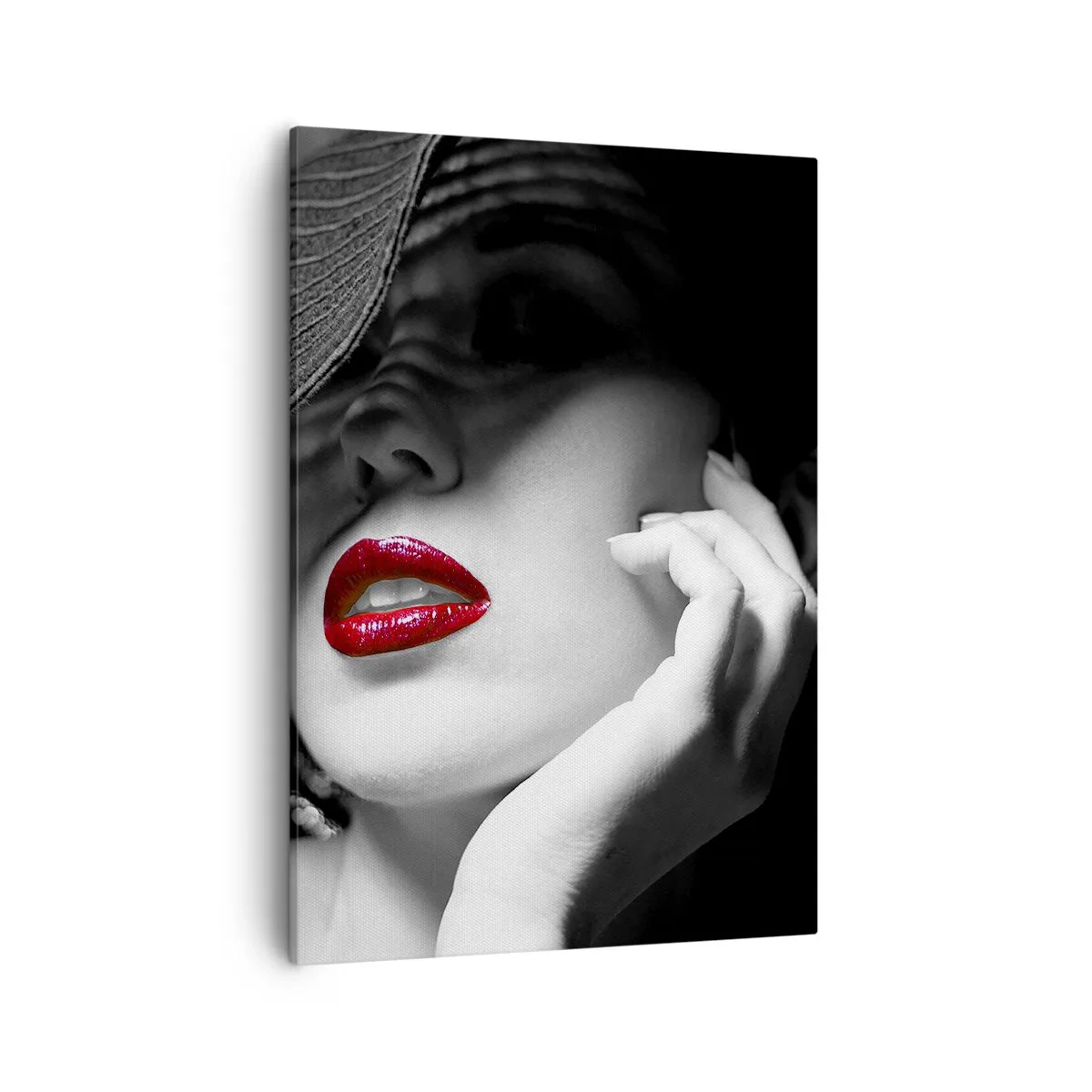 Cuadro sobre lienzo - Impresión de Imagen - Retrato en blanco y negro de una mujer con labios rojos. - 50x70cm - Estudio en escarlata - Decoración de pared moderna para salón y dormitorio ARTTOR