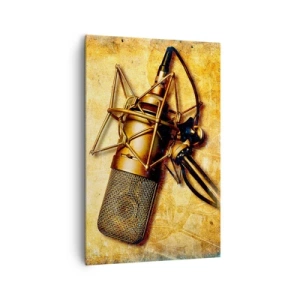 Cuadro sobre lienzo - Impresión de Imagen - Un micrófono de estudio dorado sobre un fondo vintage en tonos cálidos. - 80x120cm - Los años dorados de la radio - Decoración de pared moderna para salón y dormitorio ARTTOR