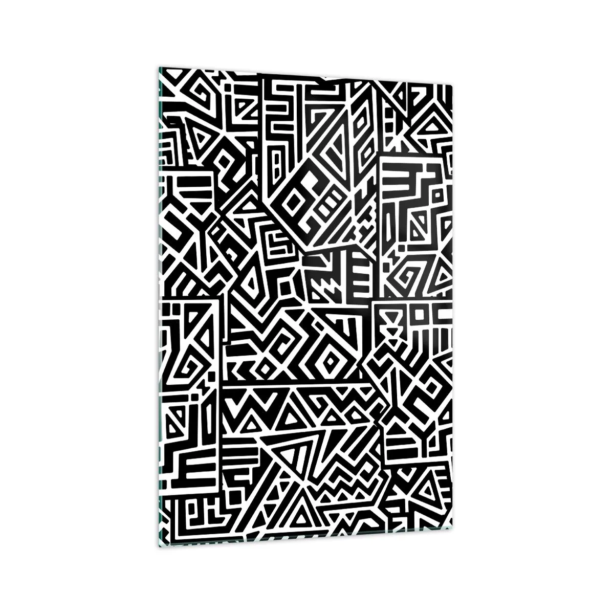 Cuadro sobre vidrio - Impresiones sobre Vidrio - Patrones geométricos en blanco y negro inspirados en la cultura precolombina. - 70x100cm - Composición precolombina - Decoración de pared moderna para salón y dormitorio ARTTOR