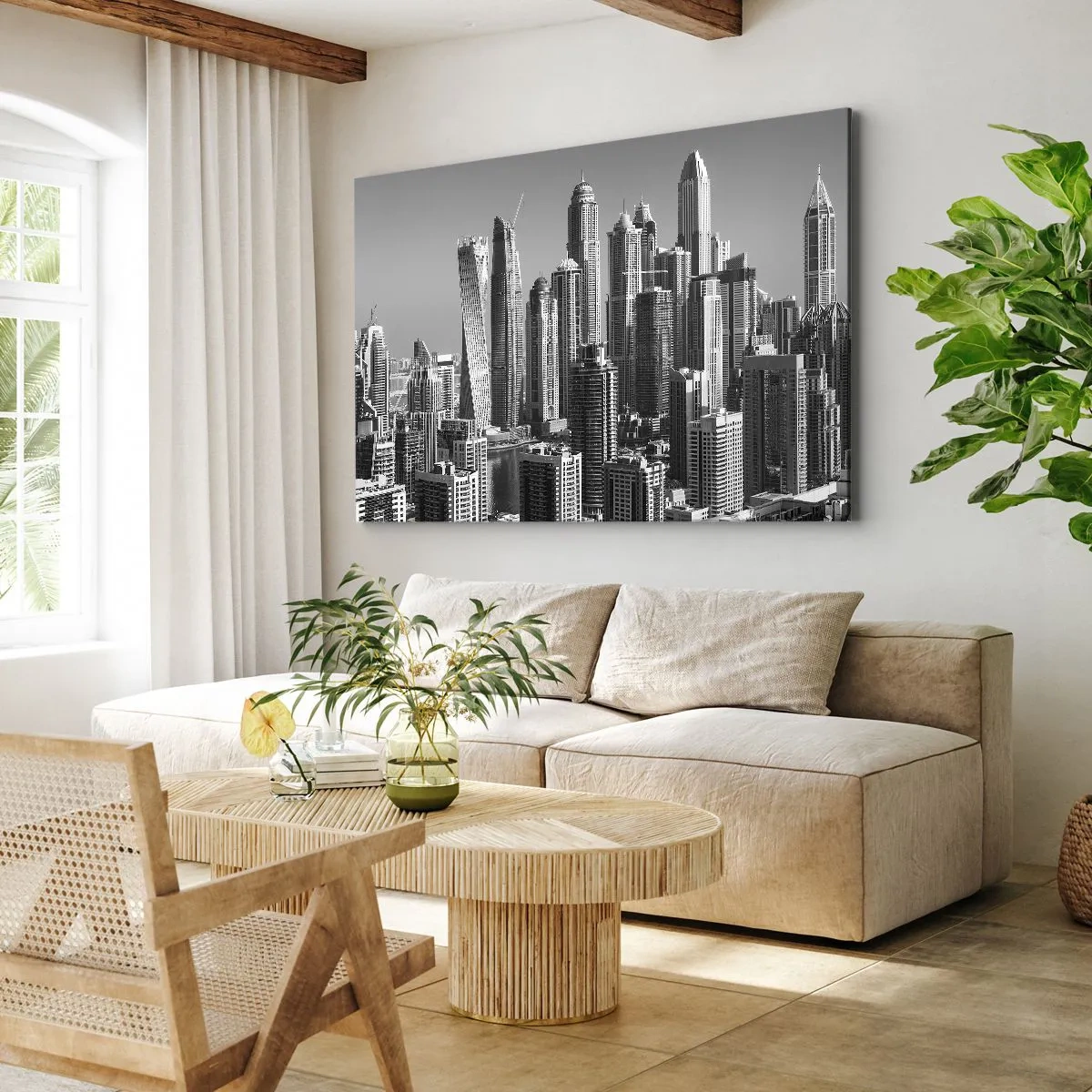 Cuadro sobre lienzo - Impresión de Imagen - Panorama de rascacielos modernos en tonos monocromáticos. - 120x80cm - Ciudad sobre el desierto - Decoración de pared moderna para salón y dormitorio ARTTOR