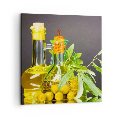 Cuadro sobre lienzo - Impresión de Imagen - Bodegón con aceitunas y aceite - 50x50 cm
