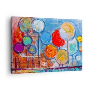 Cuadro sobre lienzo - Impresión de Imagen - Árboles abstractos coloridos sobre un fondo azul - 70x50cm - Milagros en un palo - Decoración de pared moderna para salón y dormitorio ARTTOR