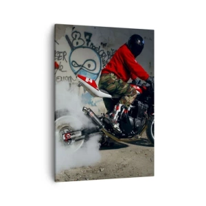 Cuadro sobre lienzo - Impresión de Imagen - Un motociclista realiza un espectacular derrape en un edificio abandonado cubierto de grafitis. - 50x70cm - ¡Persígueme! - Decoración de pared moderna para salón y dormitorio ARTTOR
