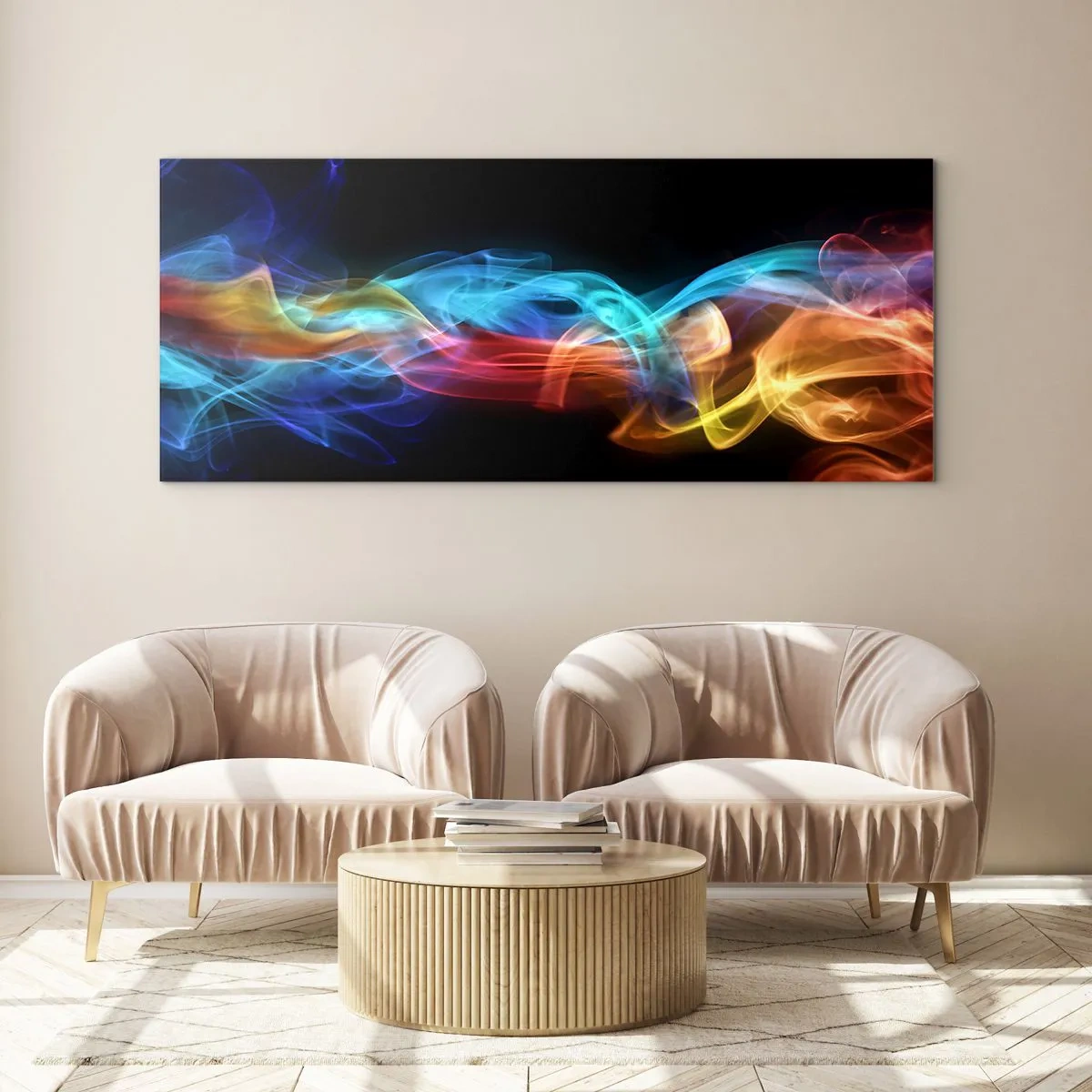 Cuadro sobre vidrio - Impresiones sobre Vidrio - Humo colorido sobre un fondo negro - 160x50cm - Una danza de nieblas de arco iris - Decoración de pared moderna para salón y dormitorio ARTTOR