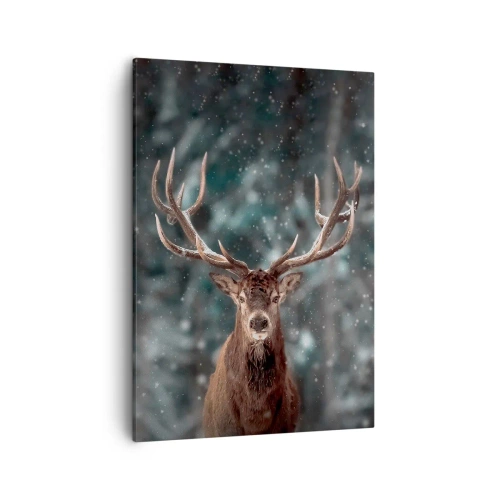 Cuadro sobre lienzo - Impresión de Imagen - Ciervos en un bosque invernal con nieve cayendo - 50x70cm - Coronado rey del bosque - Decoración de pared moderna para salón y dormitorio ARTTOR