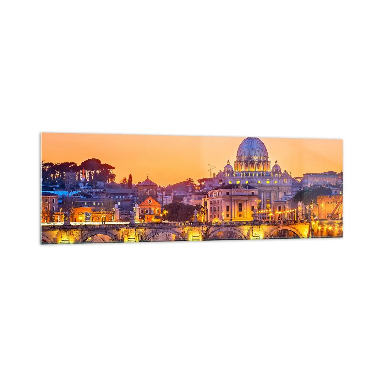 Cuadro sobre vidrio - Impresiones sobre Vidrio - Panorama del Vaticano al atardecer con un puente sobre el río - 160x50cm - Crepúsculo sobre la Ciudad Eterna - Decoración de pared moderna para salón y dormitorio ARTTOR
