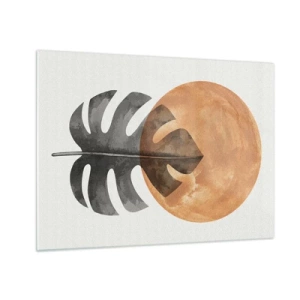 Cuadro sobre vidrio - Impresiones sobre Vidrio - Hoja de monstera y círculo naranja en estilo gráfico sobre fondo blanco. - 70x50cm - Siempre el sol - Decoración de pared moderna para salón y dormitorio ARTTOR