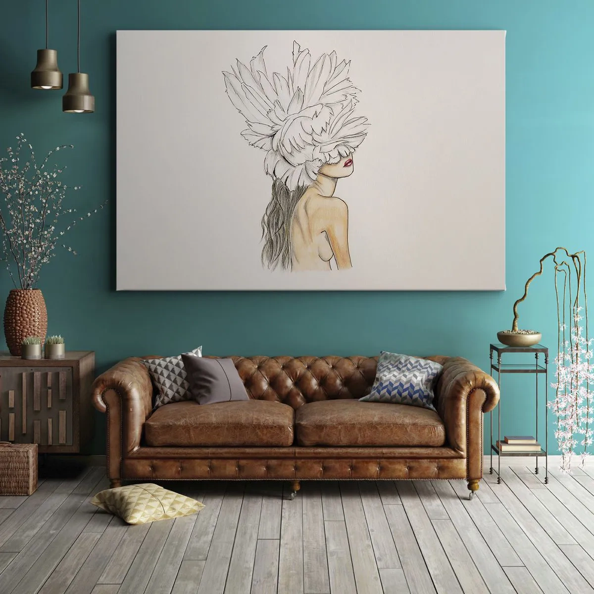 Cuadro sobre lienzo - Impresión de Imagen - Retrato de una mujer con decoración de plumas en estilo artístico. - 70x50cm - Belleza coronada - Decoración de pared moderna para salón y dormitorio ARTTOR