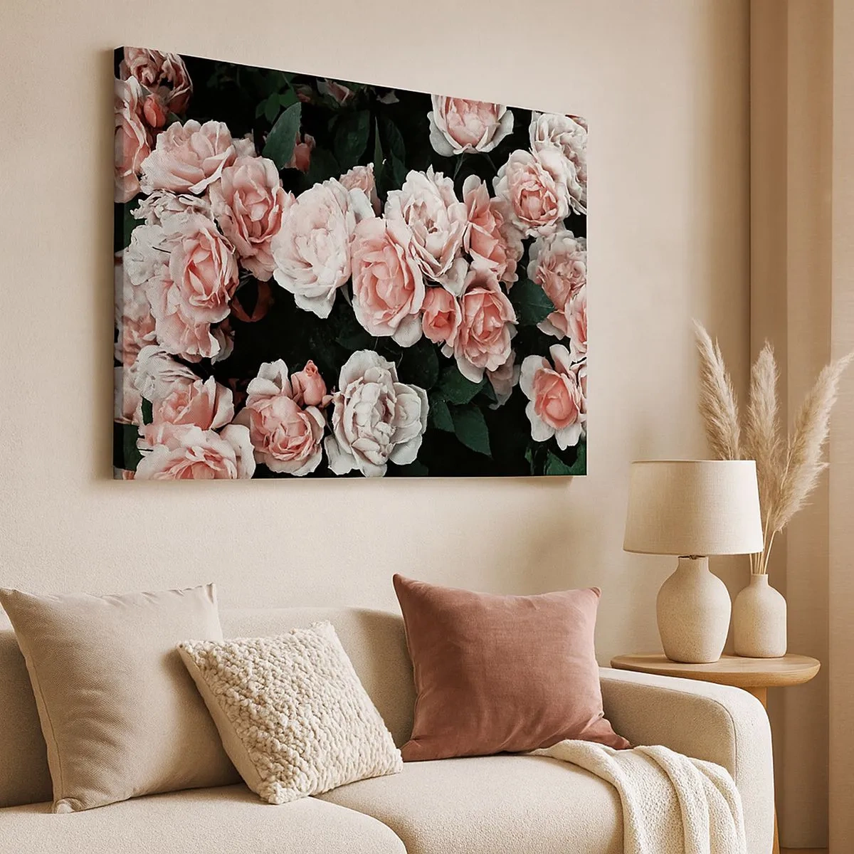 Cuadro sobre lienzo - Impresión de Imagen - Rosas rosadas sobre un fondo oscuro en una composición sutil. - 70x50cm - Conjunto de rosas - Decoración de pared moderna para salón y dormitorio ARTTOR