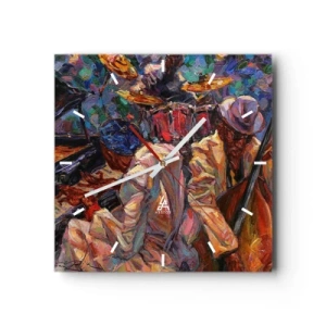 Reloj de pared - Reloj de vidrio - Escena de jazz enérgica con músicos e instrumentos. - 30x30cm - En un ritmo mágico - Decoración de pared moderna para salón y dormitorio ARTTOR