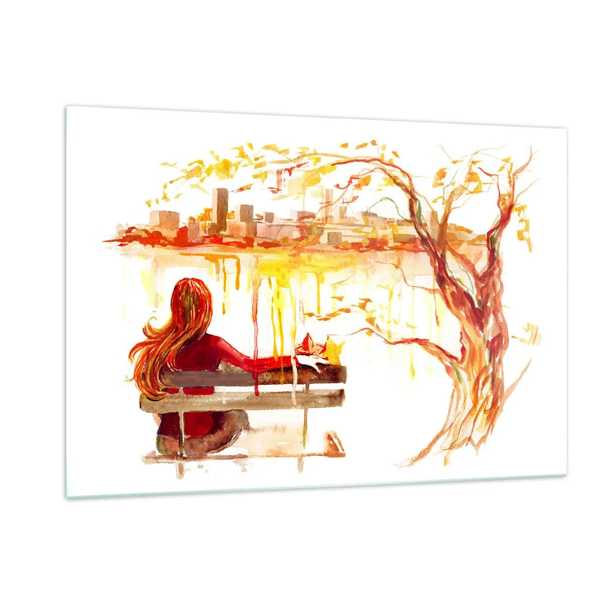 Cuadro sobre vidrio - Impresiones sobre Vidrio - Una figura en un banco con vistas a la ciudad en acuarela. - 120x80cm - Un momento de reflexión - Decoración de pared moderna para salón y dormitorio ARTTOR