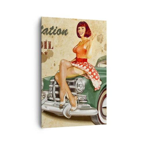 Cuadro sobre lienzo - Impresión de Imagen - Póster retro de la Ruta 66 con chica pin-up y coche. - 80x120cm - Los gloriosos años 40 - Decoración de pared moderna para salón y dormitorio ARTTOR