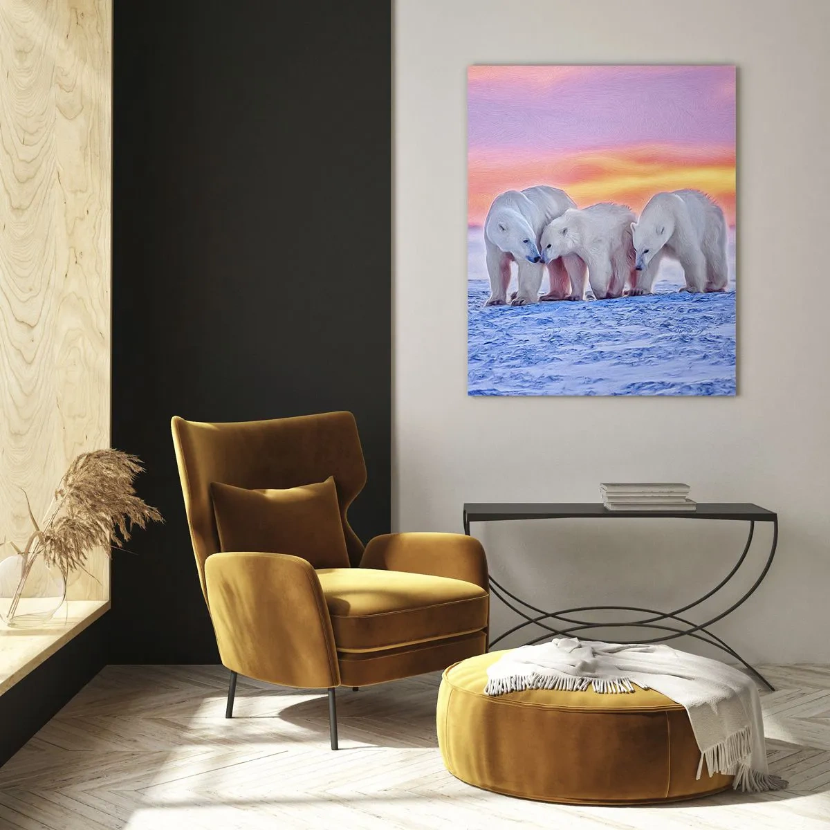 Cuadro sobre vidrio - Impresiones sobre Vidrio - Tres osos polares con el telón de fondo de una puesta de sol ártica. - 70x100cm - Todo lo que necesitas es el calor de la familia - Decoración de pared moderna para salón y dormitorio ARTTOR