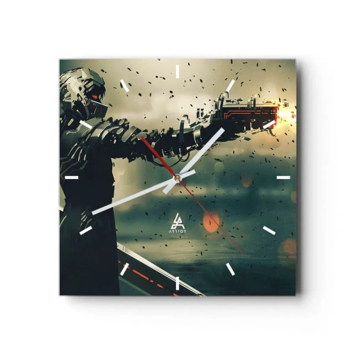Reloj de pared - Reloj de vidrio - Guerrero cibernético con armamento futurista. - 30x30cm - Arma letal: tu propio Terminator - Decoración de pared moderna para salón y dormitorio ARTTOR
