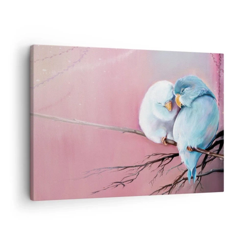 Cuadro sobre lienzo - Impresión de Imagen - Dos pájaros enamorados en una rama sobre un fondo rosa. - 70x50cm - Qué añadir aquí... - Decoración de pared moderna para salón y dormitorio ARTTOR