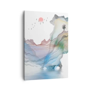 Cuadro sobre lienzo - Impresión de Imagen - Un paisaje sutil con montañas, agua y un barco. - 50x70cm - Hacia las montañas de cristal - Decoración de pared moderna para salón y dormitorio ARTTOR