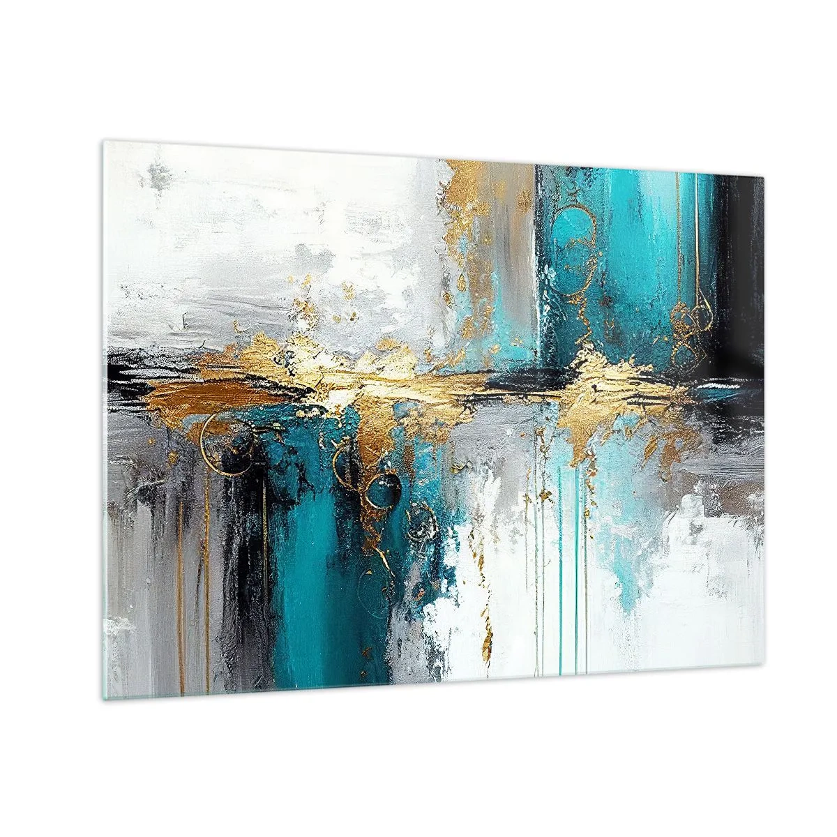 Cuadro sobre vidrio - Impresiones sobre Vidrio - Abstracción con turquesa y oro sobre fondo blanco. - 70x50cm - Todo fluye - Decoración de pared moderna para salón y dormitorio ARTTOR