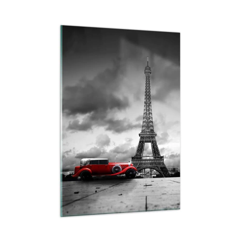 Cuadro sobre vidrio - Impresiones sobre Vidrio - Un coche retro rojo con la Torre Eiffel al fondo en un entorno en blanco y negro. - 50x70cm - No hace mucho tiempo, en París - Decoración de pared moderna para salón y dormitorio ARTTOR