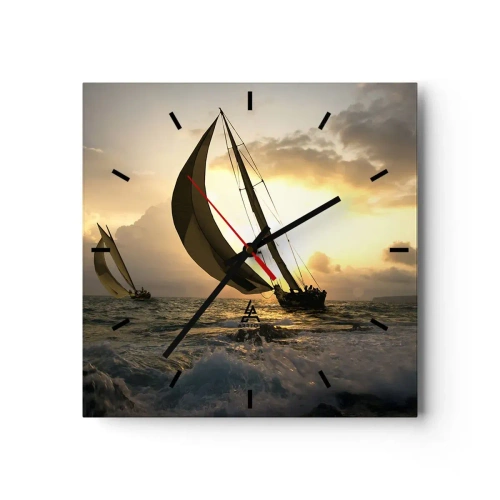 Reloj de pared - Reloj de vidrio - Veleros en el mar durante la puesta de sol - 30x30cm - En contra y a favor del viento - Decoración de pared moderna para salón y dormitorio ARTTOR