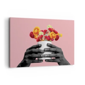 Cuadro sobre lienzo - Impresión de Imagen - Manos sosteniendo un ramo de flores de colores. - 100x70cm - La apoteosis de la vida - Decoración de pared moderna para salón y dormitorio ARTTOR