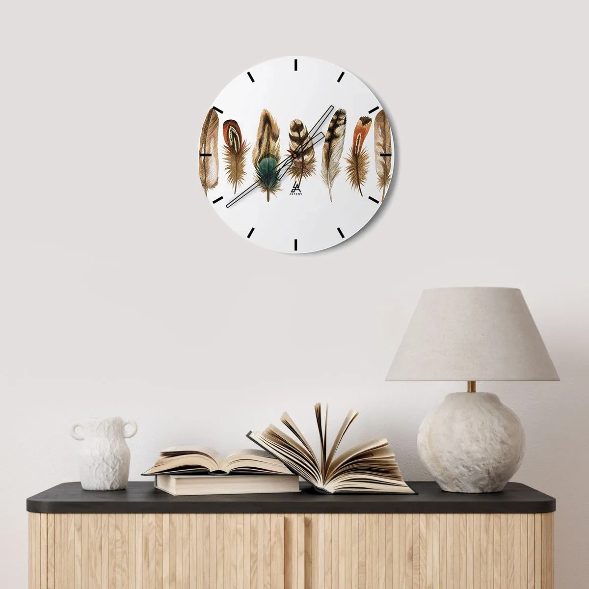 Reloj de pared - Reloj de vidrio - Plumas de colores en un arreglo artístico. - 30x30cm - Estudio de plumas - Decoración de pared moderna para salón, cocina y dormitorio ARTTOR