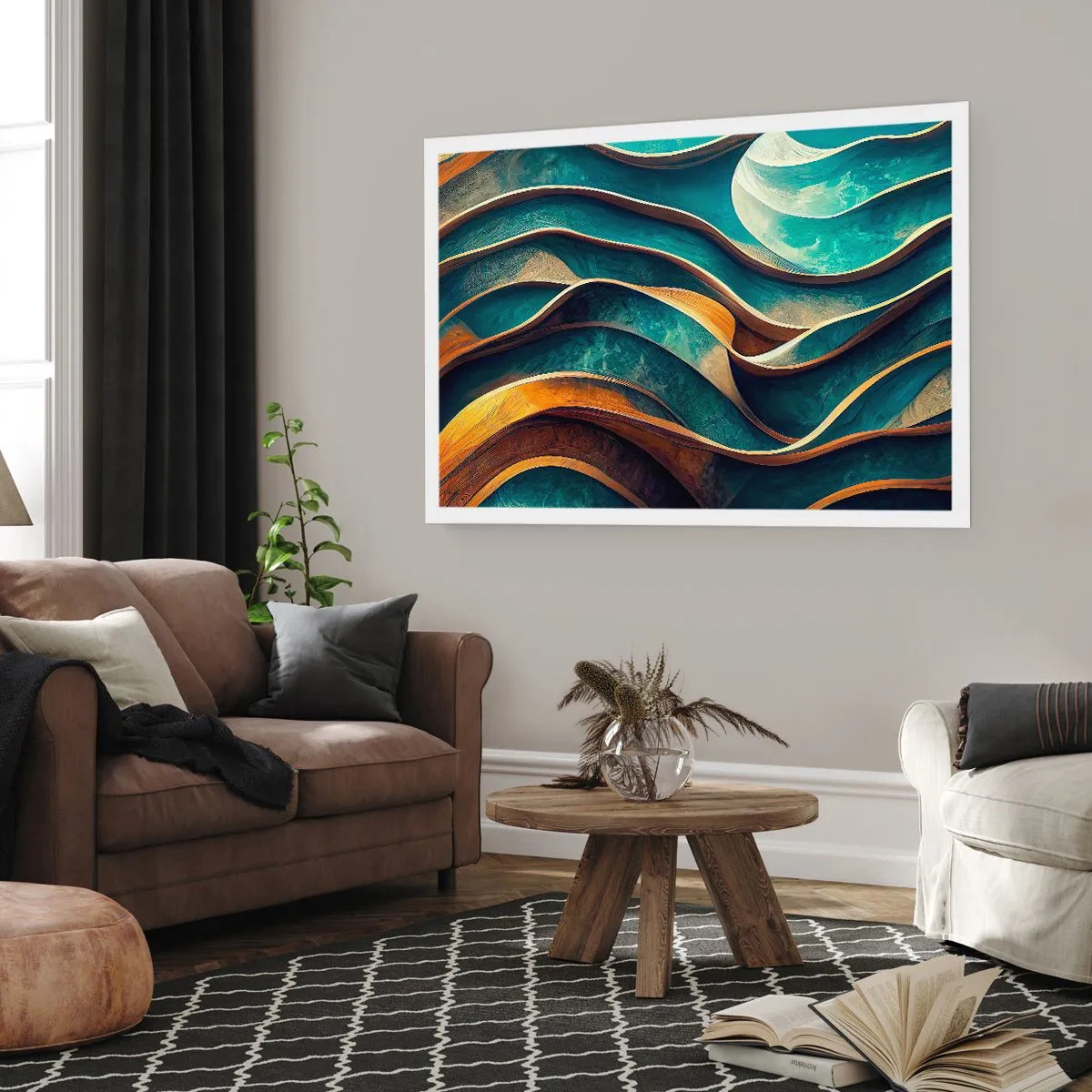 Póster - Ondas abstractas en tonos turquesa y dorado - 100x70cm - Meandros de azul - Decoración de pared moderna para salón y dormitorio ARTTOR