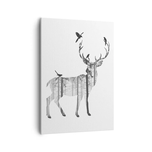 Cuadro sobre lienzo - Impresión de Imagen - Silueta de un ciervo con bosque y pájaros. - 50x70cm - El buen espíritu del bosque - Decoración de pared moderna para salón y dormitorio ARTTOR
