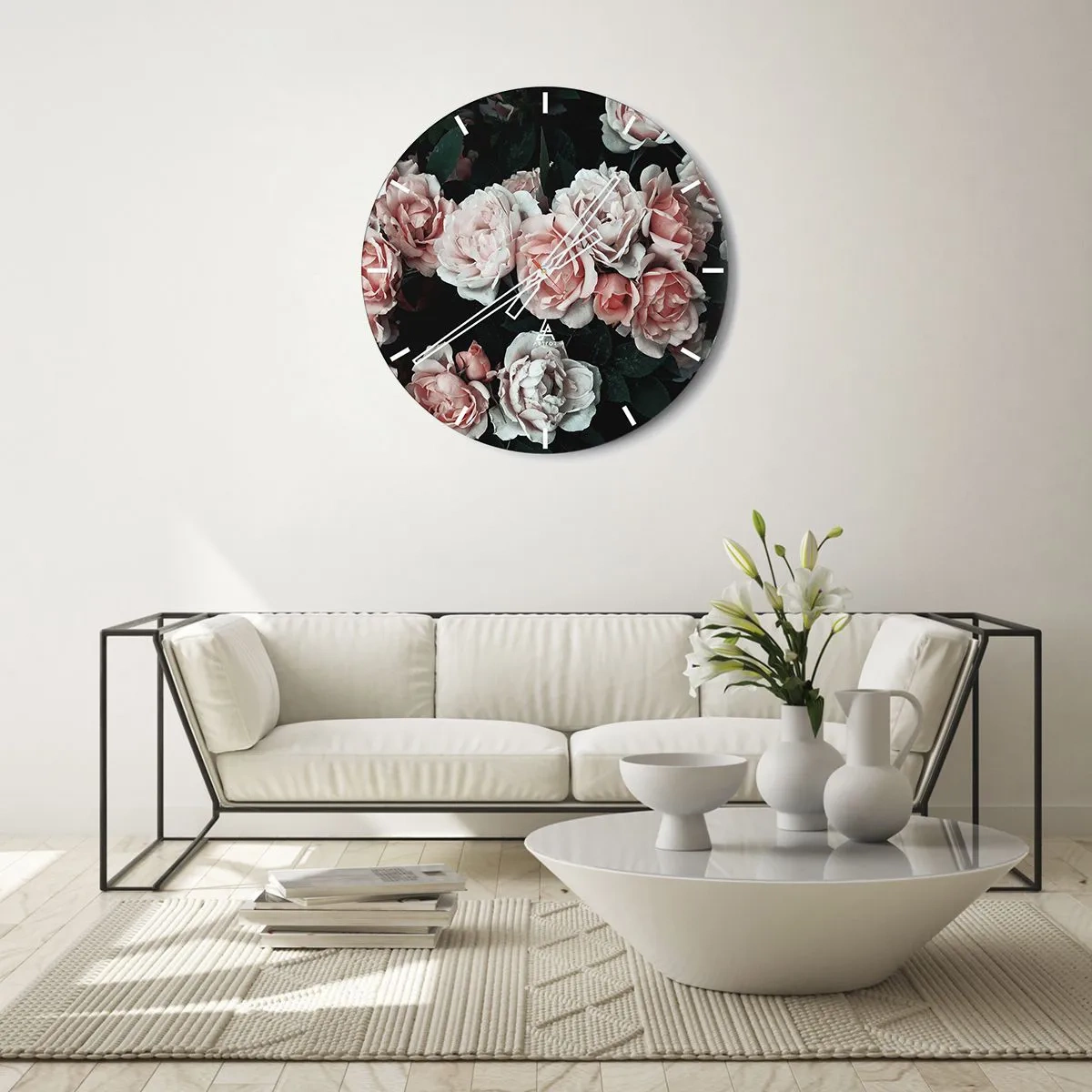 Reloj de pared - Reloj de vidrio - Un ramo de rosas rosadas sobre un fondo oscuro. - 30x30cm - Conjunto de rosas - Decoración de pared moderna para salón, cocina y dormitorio ARTTOR