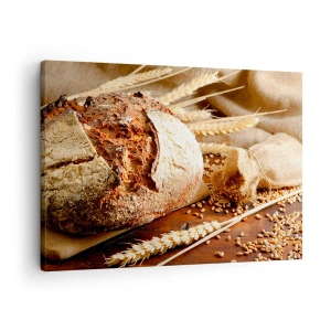 Cuadro sobre lienzo - Impresión de Imagen - Pan crujiente con cereales y espigas de trigo sobre un fondo de madera - 70x50cm - Apetitoso, fragante, crujiente - Decoración de pared moderna para salón y dormitorio ARTTOR