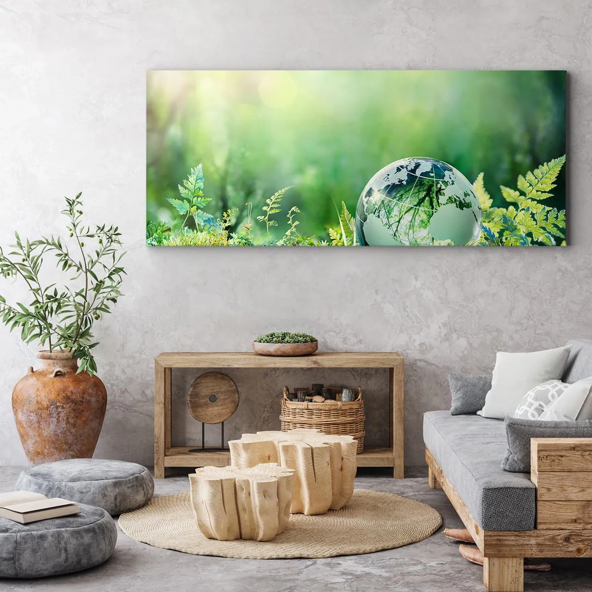 Cuadro sobre lienzo - Impresión de Imagen - Un globo de cristal entre el verdor de la naturaleza. - 120x50cm - Planeta verde - Decoración de pared moderna para salón y dormitorio ARTTOR