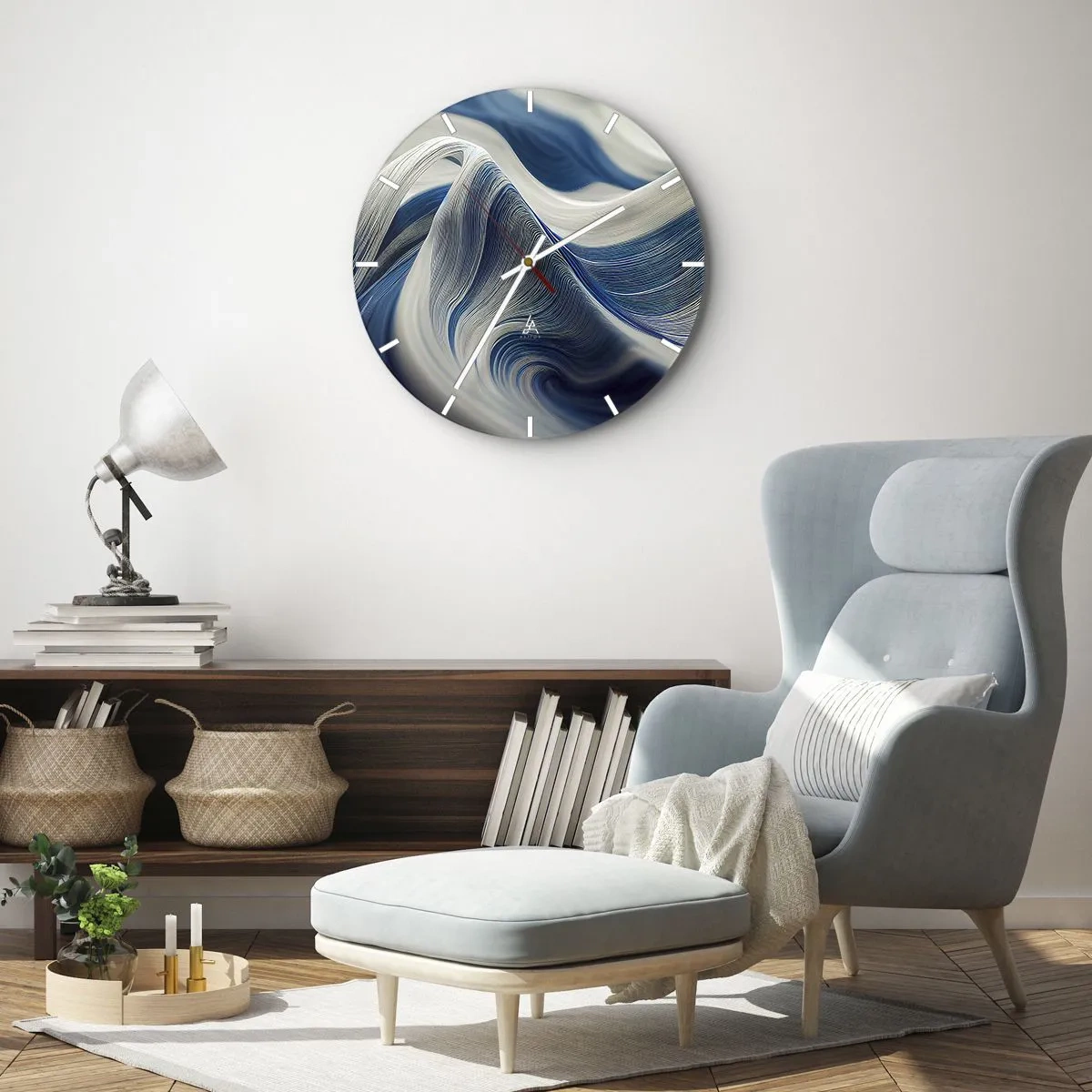 Reloj de pared - Reloj de vidrio - Remolinos dinámicos en tonos de azul y blanco con una disposición ondulada. - 30x30cm - Fluidez de azul y blanco - Decoración de pared moderna para salón, cocina y dormitorio ARTTOR