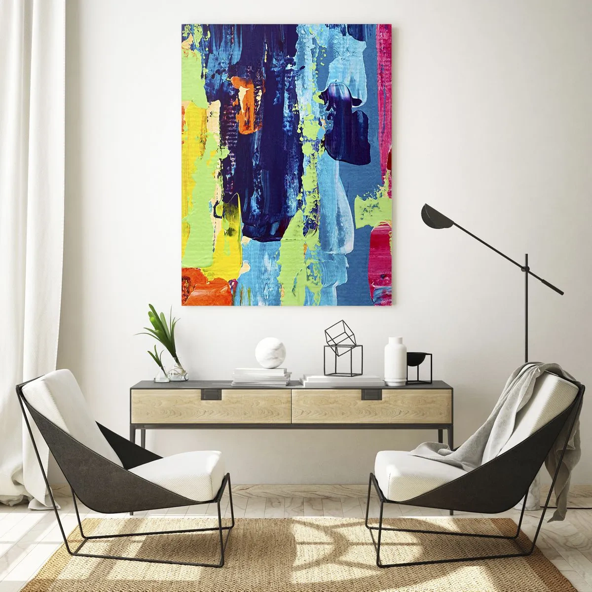 Cuadro sobre vidrio - Impresiones sobre Vidrio - Una ilustración de una pintura abstracta en colores intensos. - 50x70cm - ¡La vida es hermosa! - Decoración de pared moderna para salón y dormitorio ARTTOR