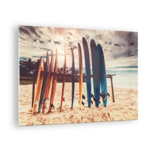 Cuadro sobre vidrio - Impresiones sobre Vidrio - Tablas de surf de colores alineadas en la playa al atardecer - 70x50cm - Buenas noches, hasta mañana - Decoración de pared moderna para salón y dormitorio ARTTOR