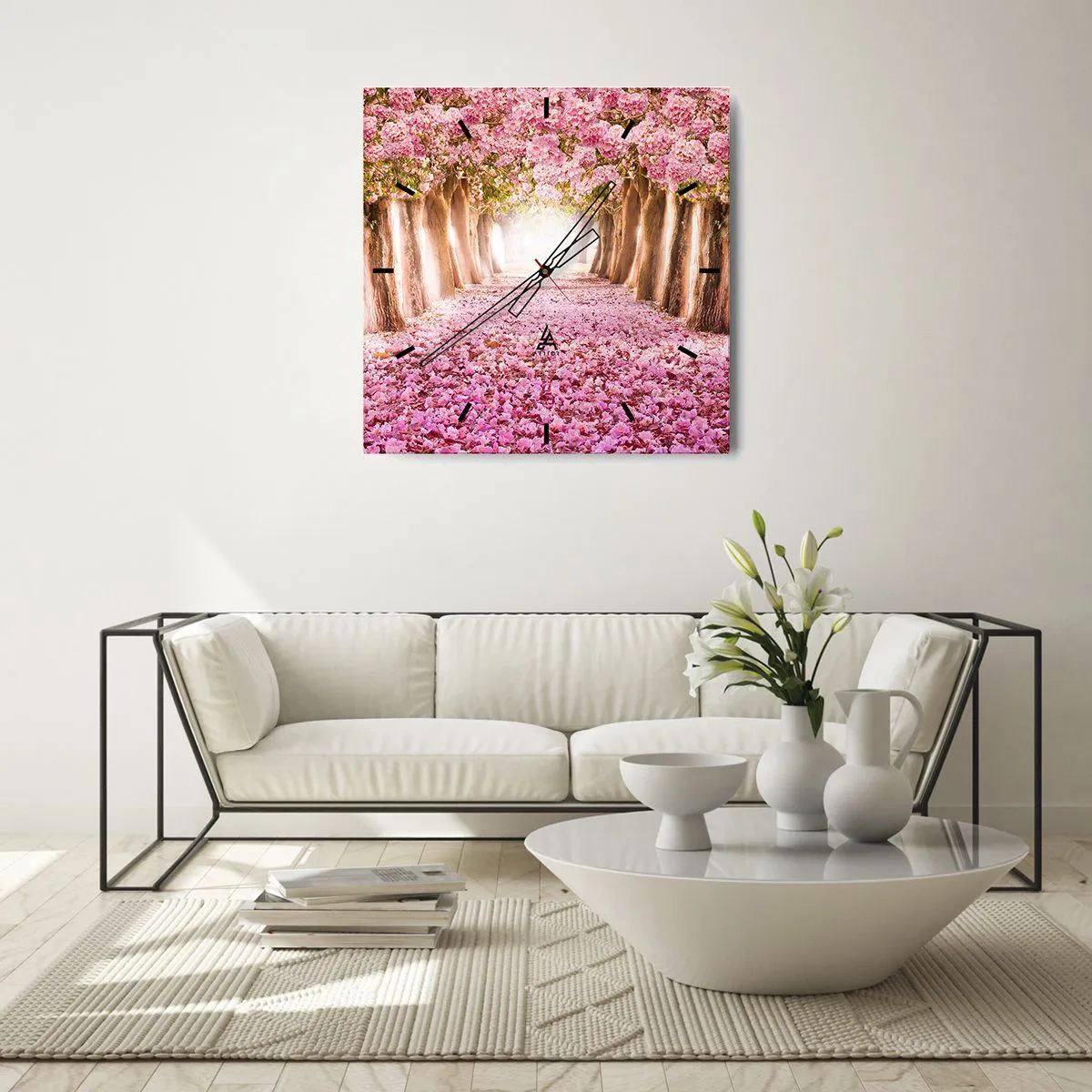 Reloj de pared - Reloj de vidrio - Una avenida de árboles en flor en tonos rosa. - 30x30cm - El camino al paraíso - Decoración de pared moderna para salón y dormitorio ARTTOR
